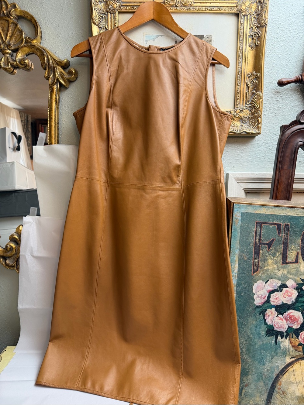 Emporio Armani Sleeveless 100% Leather Midi Dress in Cognac Tan